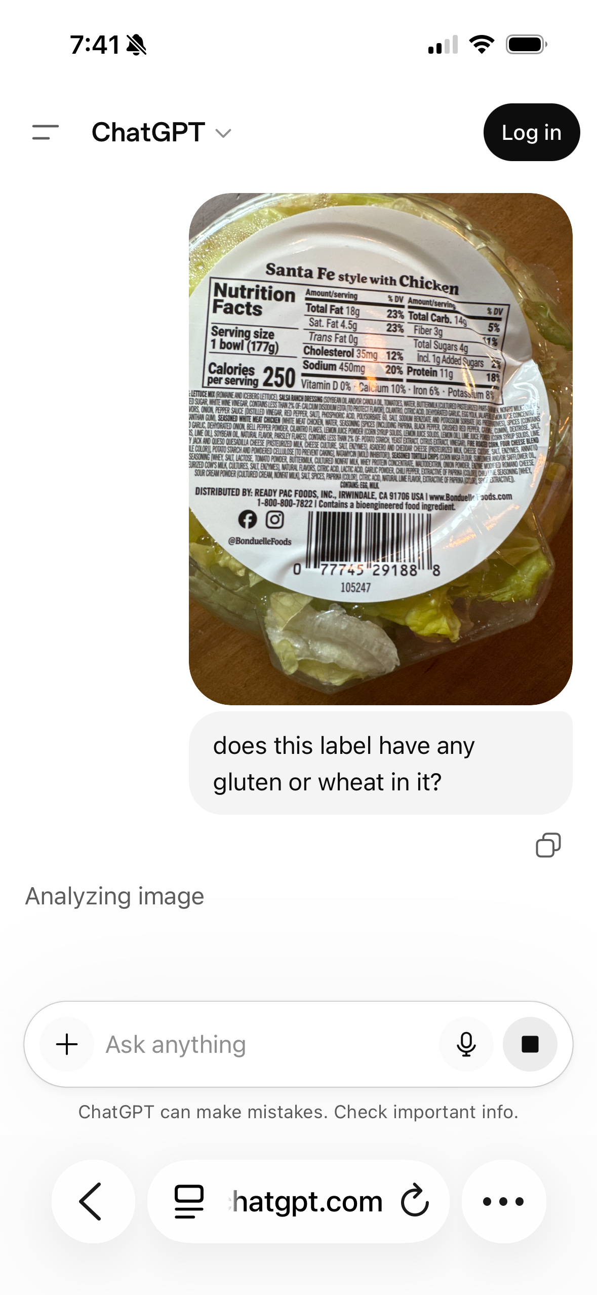 ChatGPT query with food label photo